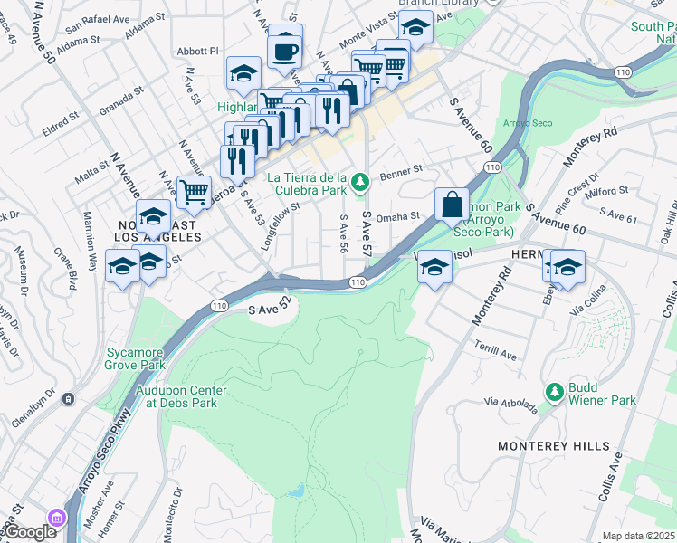map of restaurants, bars, coffee shops, grocery stores, and more near 414 South Avenue 56 in Los Angeles