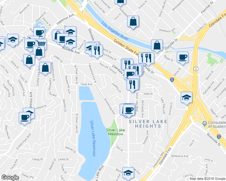 map of restaurants, bars, coffee shops, grocery stores, and more near 2516 Silver Lake Terrace in Los Angeles