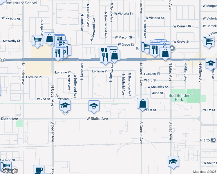 map of restaurants, bars, coffee shops, grocery stores, and more near 240 North Spruce Avenue in Rialto