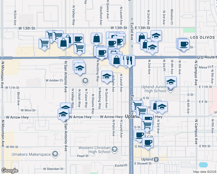map of restaurants, bars, coffee shops, grocery stores, and more near 833 North Palm Avenue in Upland