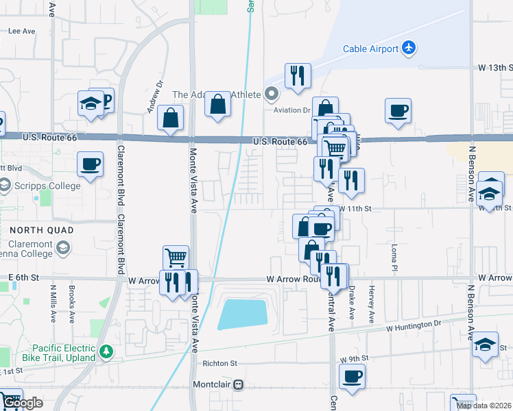 map of restaurants, bars, coffee shops, grocery stores, and more near 2218 Rose Garden Court in Upland