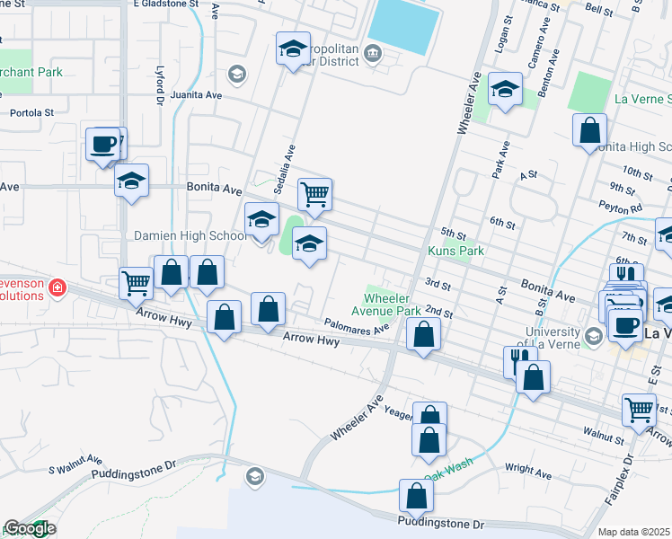 map of restaurants, bars, coffee shops, grocery stores, and more near 1850 3rd Street in La Verne
