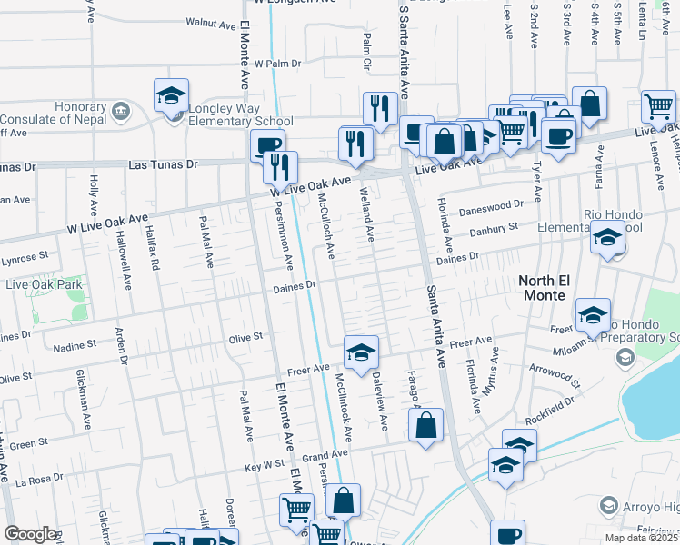 map of restaurants, bars, coffee shops, grocery stores, and more near 5524 McCulloch Avenue in Temple City