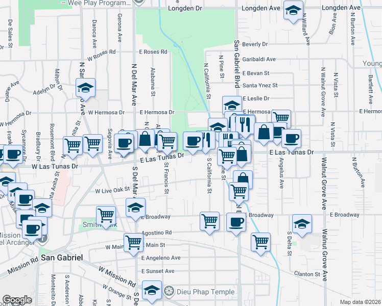 map of restaurants, bars, coffee shops, grocery stores, and more near 316 Country Club Drive in San Gabriel
