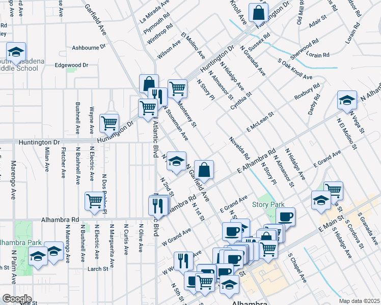map of restaurants, bars, coffee shops, grocery stores, and more near 915 North Stoneman Avenue in Alhambra