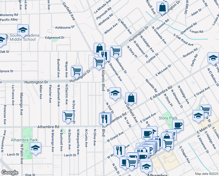 map of restaurants, bars, coffee shops, grocery stores, and more near 1000 North 1st Street in Alhambra