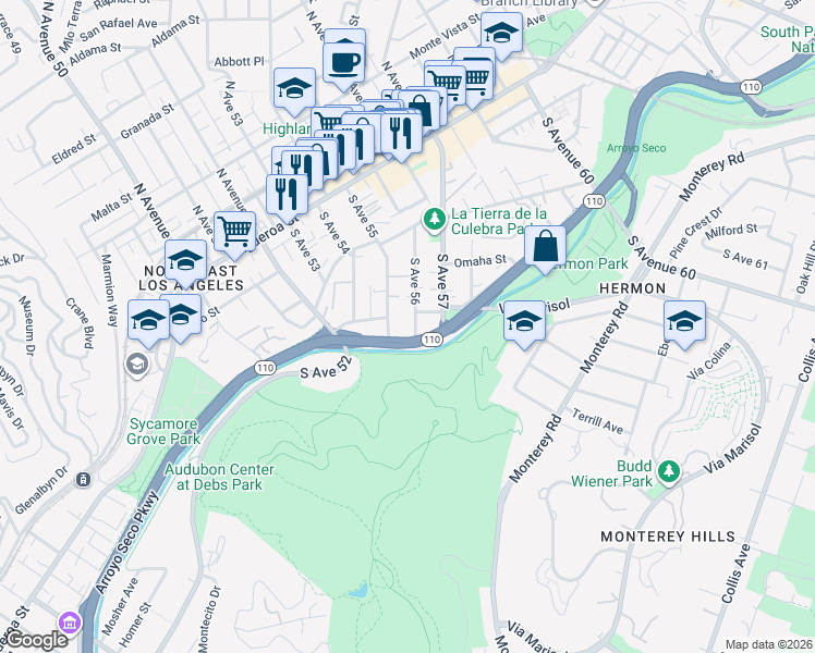 map of restaurants, bars, coffee shops, grocery stores, and more near 273 South Avenue 55 in Los Angeles