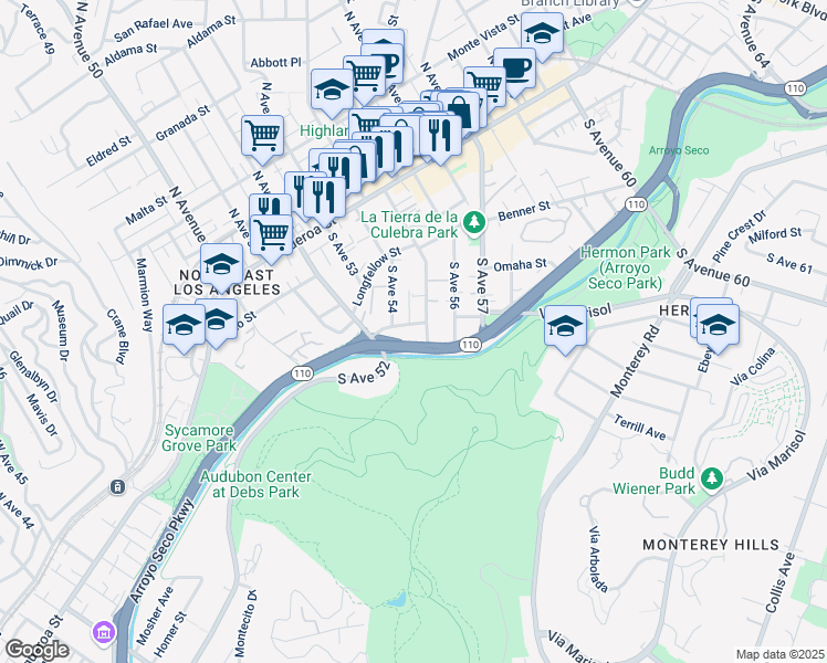 map of restaurants, bars, coffee shops, grocery stores, and more near 265 South Avenue 54 in Los Angeles