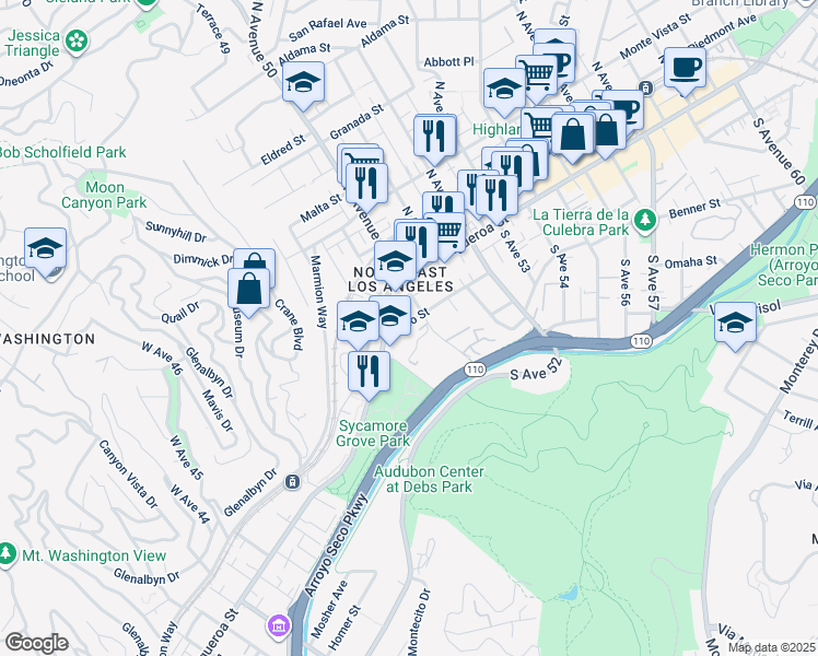 map of restaurants, bars, coffee shops, grocery stores, and more near 134 South Avenue 50 in Los Angeles