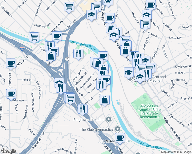 map of restaurants, bars, coffee shops, grocery stores, and more near 3010 Blake Avenue in Los Angeles