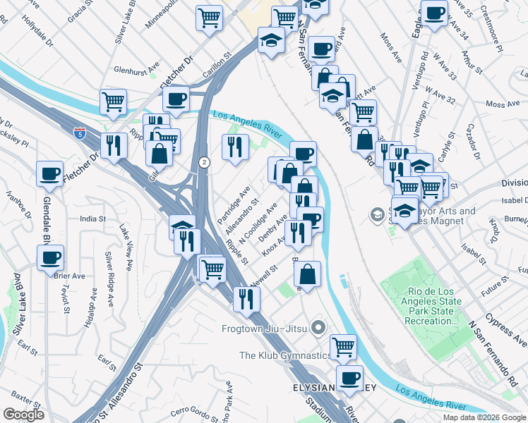 map of restaurants, bars, coffee shops, grocery stores, and more near 2876 Allesandro Street in Los Angeles