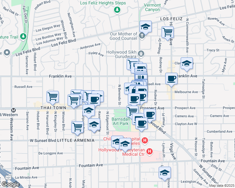 map of restaurants, bars, coffee shops, grocery stores, and more near 1817 North Berendo Street in Los Angeles