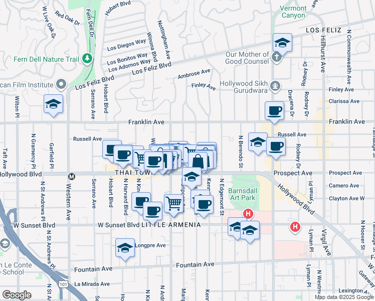 map of restaurants, bars, coffee shops, grocery stores, and more near 1816 North Mariposa Avenue in Los Angeles