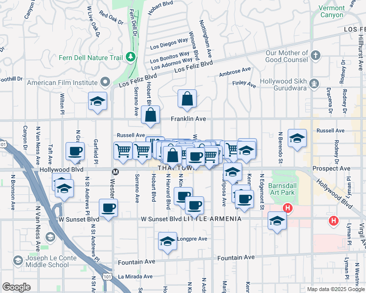 map of restaurants, bars, coffee shops, grocery stores, and more near 1813 North Kingsley Drive in Los Angeles