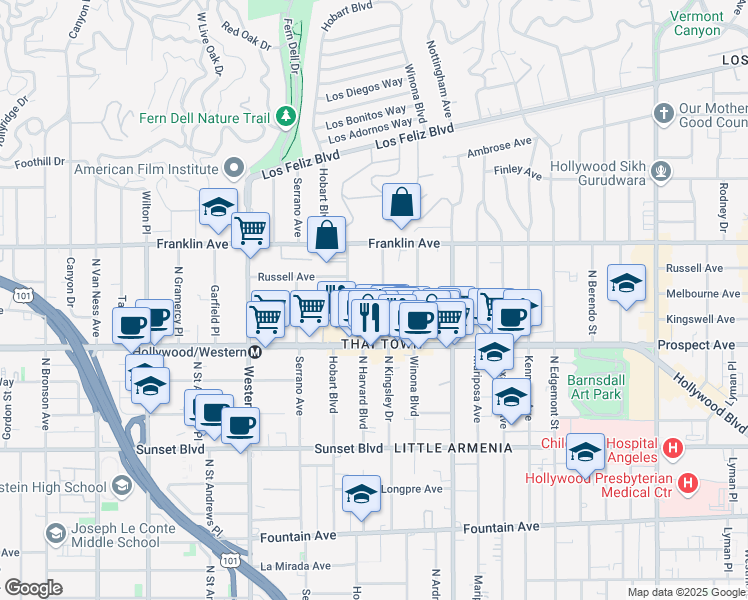 map of restaurants, bars, coffee shops, grocery stores, and more near 1813 North Kingsley Drive in Los Angeles