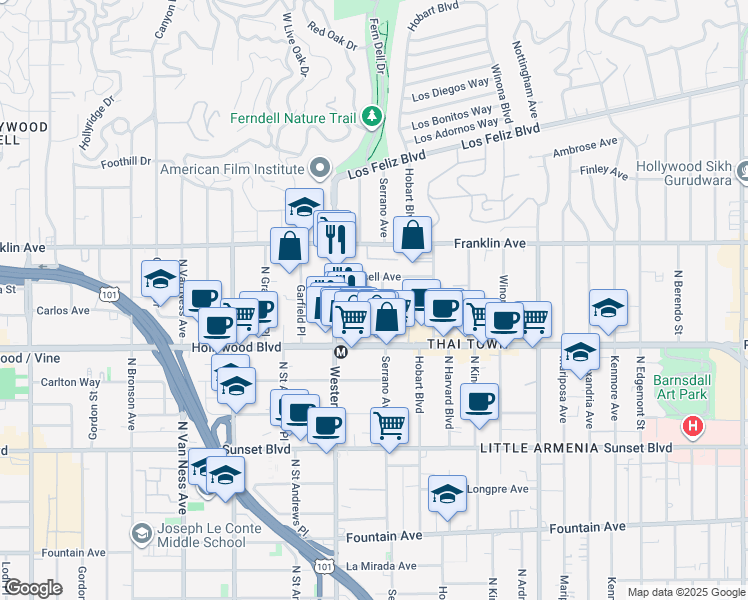 map of restaurants, bars, coffee shops, grocery stores, and more near 5422 Russell Avenue in Los Angeles