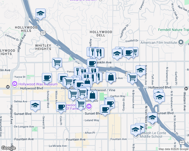 map of restaurants, bars, coffee shops, grocery stores, and more near 6213 Yucca Street in Los Angeles