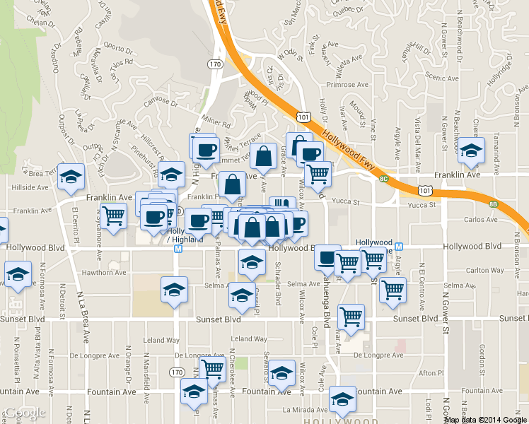map of restaurants, bars, coffee shops, grocery stores, and more near in Los Angeles