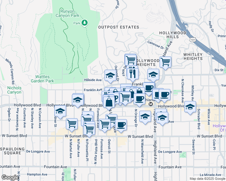map of restaurants, bars, coffee shops, grocery stores, and more near 7060 Franklin Avenue in Los Angeles