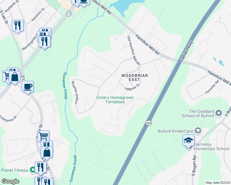 map of restaurants, bars, coffee shops, grocery stores, and more near 2197 Woodbriar Drive in Buford
