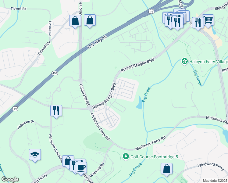 map of restaurants, bars, coffee shops, grocery stores, and more near 7585 Scarlet Drive in Alpharetta
