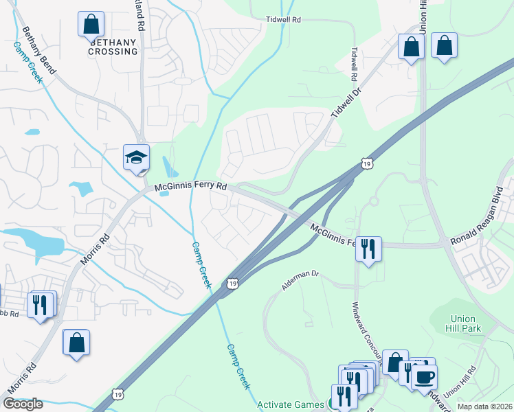 map of restaurants, bars, coffee shops, grocery stores, and more near 3848 Fairhill Point in Alpharetta
