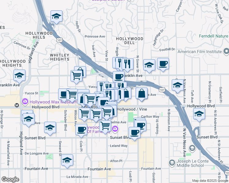 map of restaurants, bars, coffee shops, grocery stores, and more near 1755 Argyle Avenue in Los Angeles