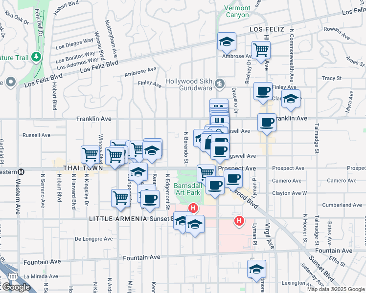 map of restaurants, bars, coffee shops, grocery stores, and more near 1755 North Berendo Street in Los Angeles