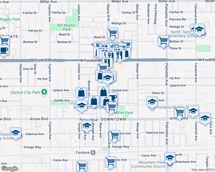 map of restaurants, bars, coffee shops, grocery stores, and more near 8266 Sierra Avenue in Fontana