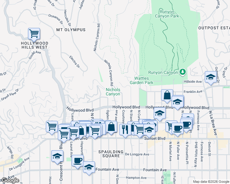 map of restaurants, bars, coffee shops, grocery stores, and more near 1760 Nichols Canyon Road in Los Angeles