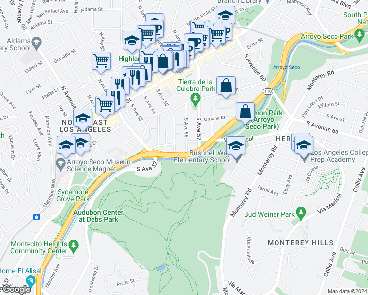 map of restaurants, bars, coffee shops, grocery stores, and more near 414 South Avenue 56 in Los Angeles