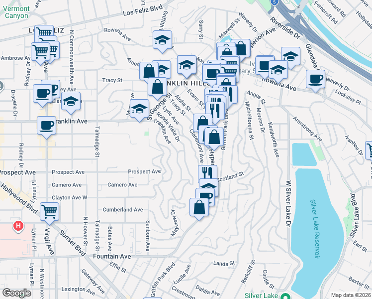 map of restaurants, bars, coffee shops, grocery stores, and more near 2300 Ronda Vista Drive in Los Angeles