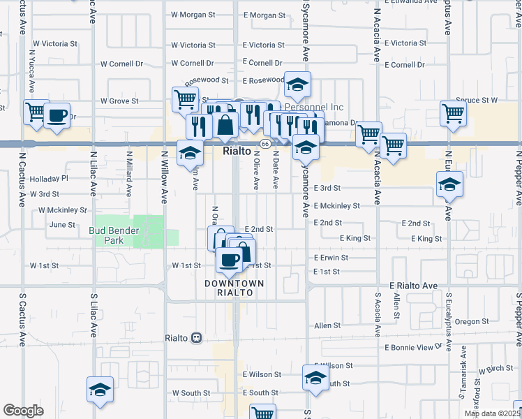 map of restaurants, bars, coffee shops, grocery stores, and more near 225 North Olive Avenue in Rialto