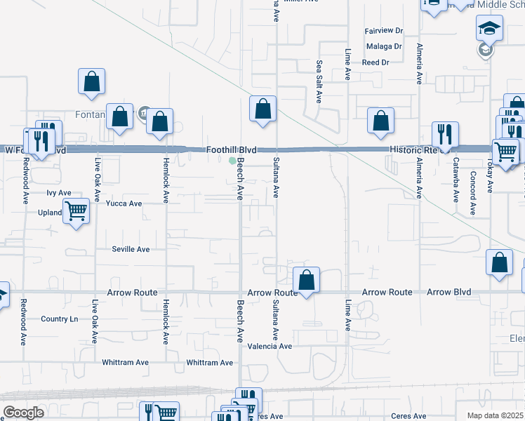 map of restaurants, bars, coffee shops, grocery stores, and more near 8265 Fremontia Avenue in Fontana