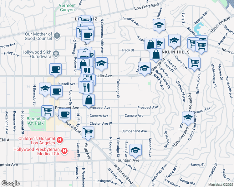 map of restaurants, bars, coffee shops, grocery stores, and more near 4300 Melbourne Avenue in Los Angeles