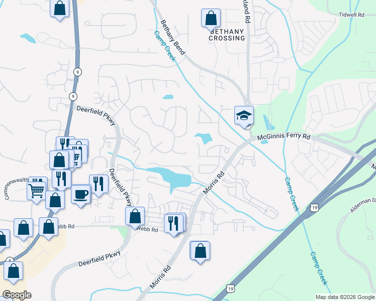 map of restaurants, bars, coffee shops, grocery stores, and more near 13646 Aventide Lane in Alpharetta