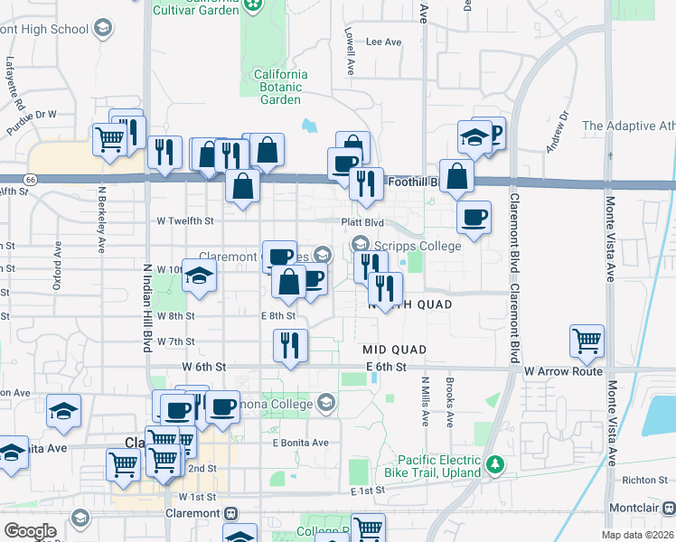 map of restaurants, bars, coffee shops, grocery stores, and more near 1030 North Columbia Avenue in Claremont