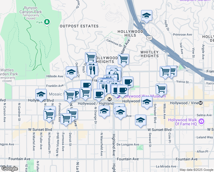 map of restaurants, bars, coffee shops, grocery stores, and more near 1762 Orchid Avenue in Los Angeles
