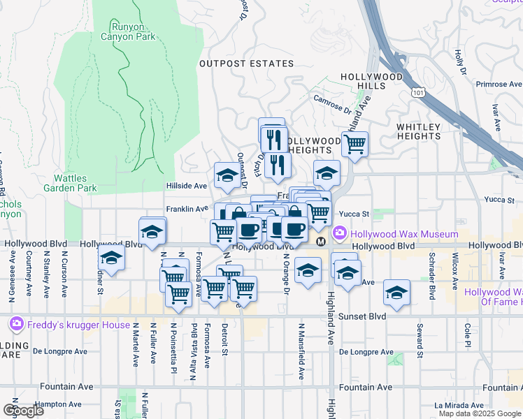map of restaurants, bars, coffee shops, grocery stores, and more near 1776 North Sycamore Avenue in Los Angeles
