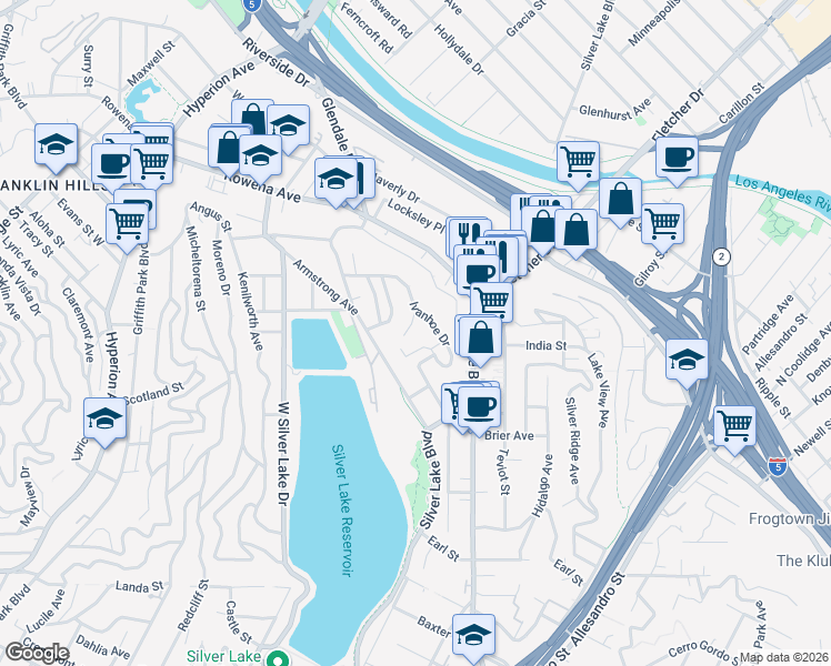 map of restaurants, bars, coffee shops, grocery stores, and more near 2516 Silver Lake Terrace in Los Angeles