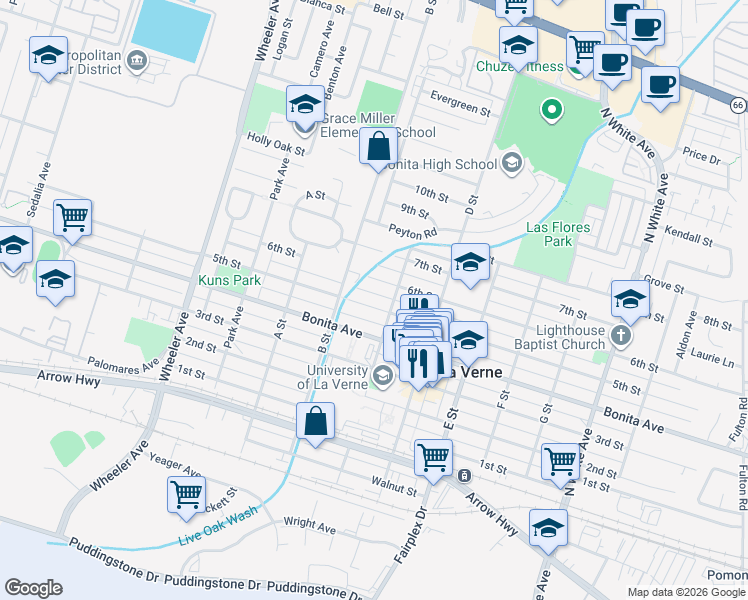 map of restaurants, bars, coffee shops, grocery stores, and more near 1959 5th Street in La Verne
