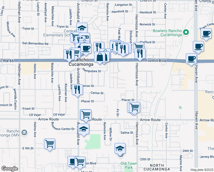 map of restaurants, bars, coffee shops, grocery stores, and more near 9050 Charles Smith Avenue in Rancho Cucamonga