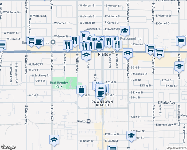 map of restaurants, bars, coffee shops, grocery stores, and more near 244 North Orange Avenue in Rialto