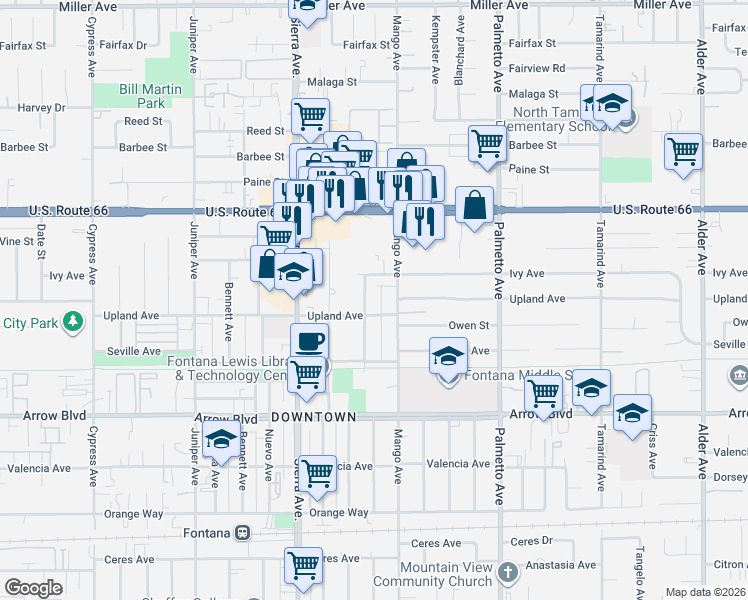 map of restaurants, bars, coffee shops, grocery stores, and more near 17075 Ivy Avenue in Fontana