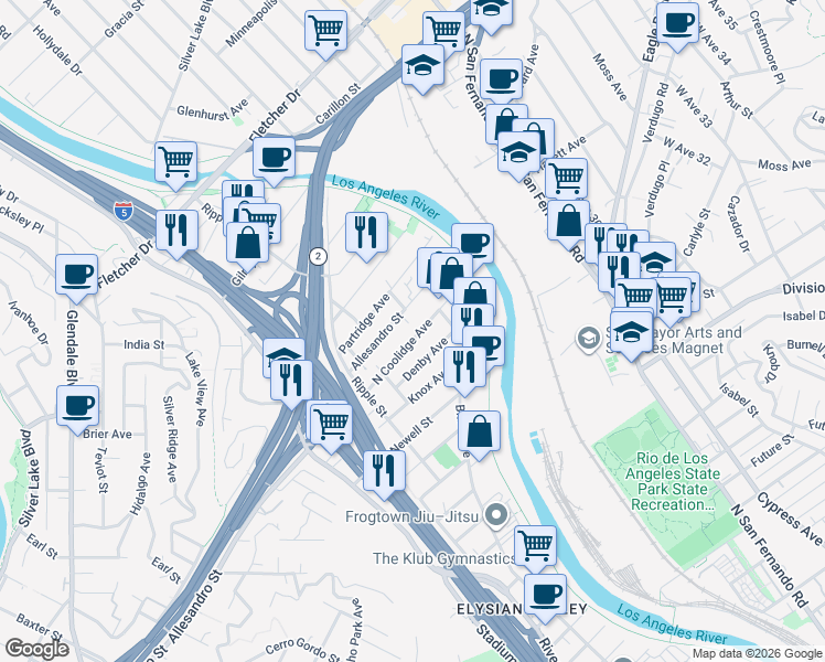 map of restaurants, bars, coffee shops, grocery stores, and more near 2876 Allesandro Street in Los Angeles