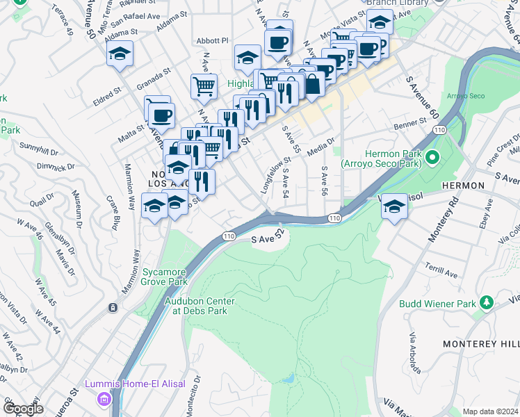map of restaurants, bars, coffee shops, grocery stores, and more near 5116 Longfellow Street in Los Angeles