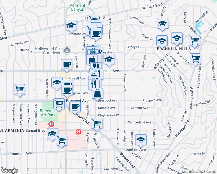 map of restaurants, bars, coffee shops, grocery stores, and more near 1801 North Commonwealth Avenue in Los Angeles