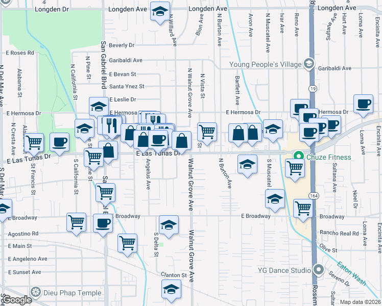map of restaurants, bars, coffee shops, grocery stores, and more near Walnut Grove Ave & E Las Tunas Dr in San Gabriel
