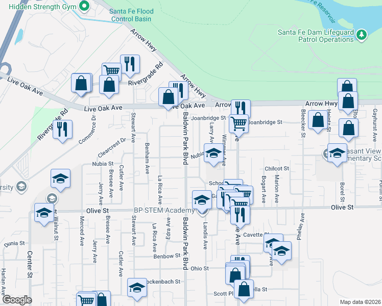 map of restaurants, bars, coffee shops, grocery stores, and more near 5030 Baldwin Park Boulevard in Baldwin Park