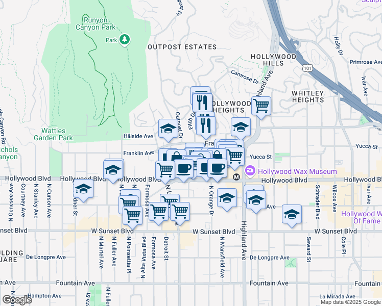 map of restaurants, bars, coffee shops, grocery stores, and more near 7018 Franklin Avenue in Los Angeles